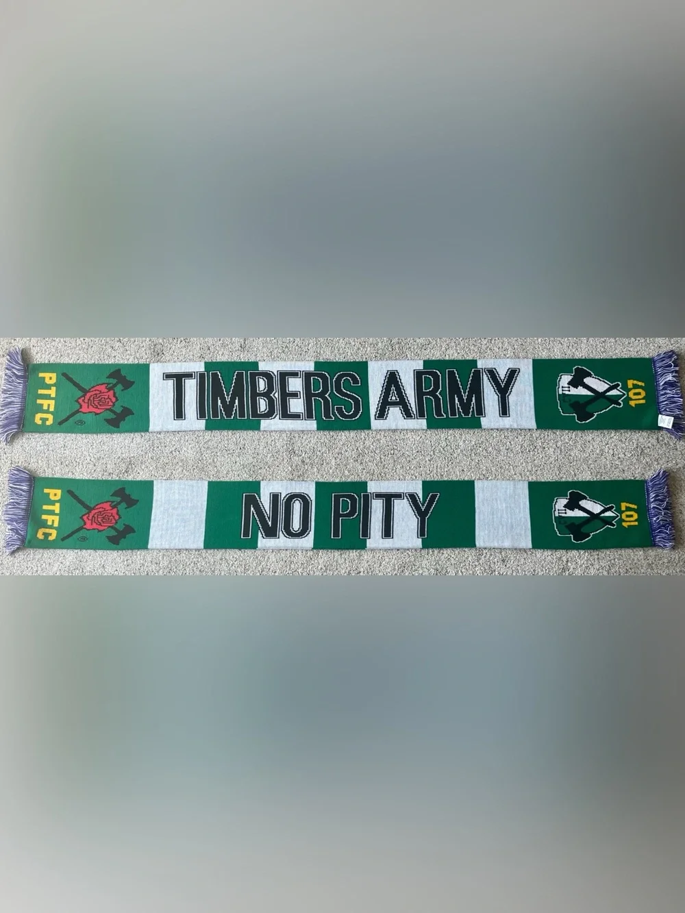 Portland Timbers Army No Pity Purple and White Fringe Soccer Scarf